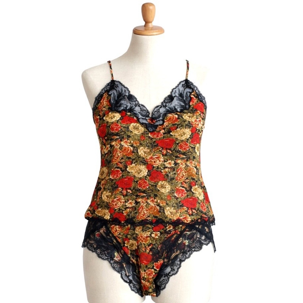 Christian Dior Lingerie Set 100% Silk Vintage 90s Bright Floral Camisole Panties